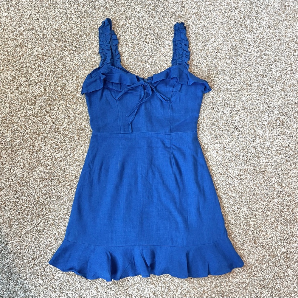 Lulus Days Like This Royal Blue Sleeveless Ruffled Linen Blend Mini Dress Sz XS - Picture 4 of 16